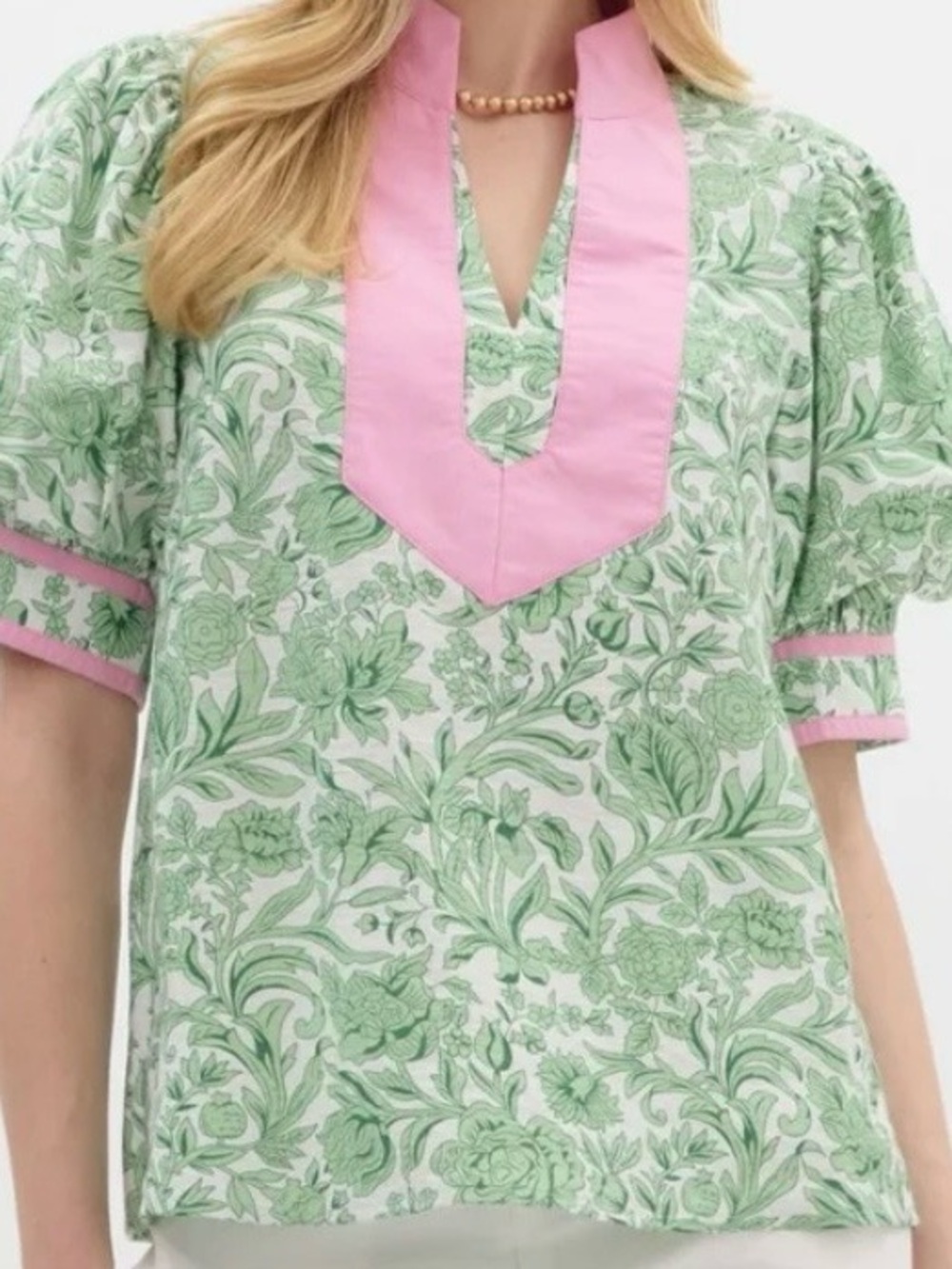 Green, Pink & White Puff Sleeve Top